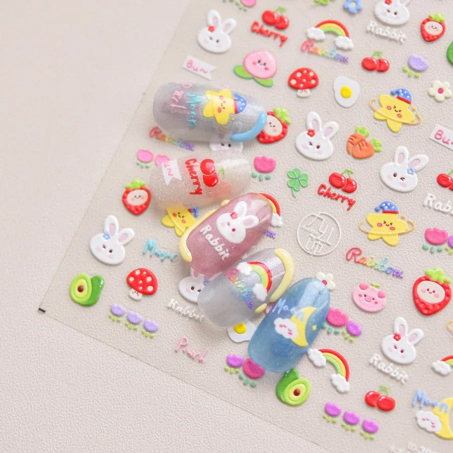 Fresh Sweet Fruits Strawberry Cherry Bowknot Love Heart Lemon 5D Nail Art Stickers Self Adhesive Decorations Nail Manicure Decal