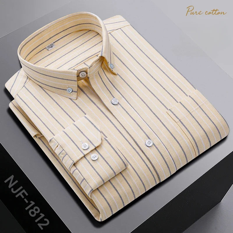 New In Shirt Oversize Long-Sleeve 100%Cotton Shirts for Men Slim Fit Formal Plain Shirt Plaid Casual Tops Designer Black Clothes