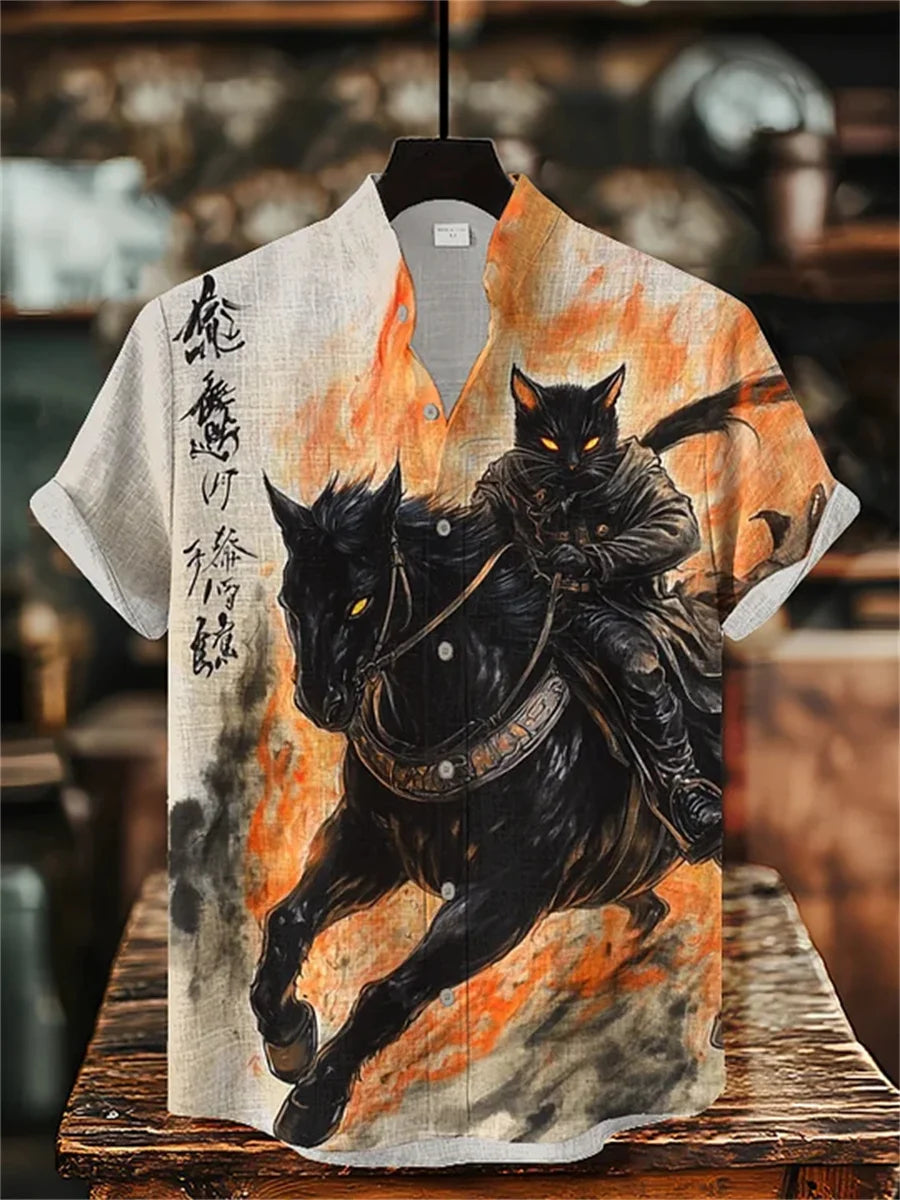 Men's short-sleeved shirt with cat and dinosaur print, casual and stylish vacation-style men's top, fashionable Hawaiian design.