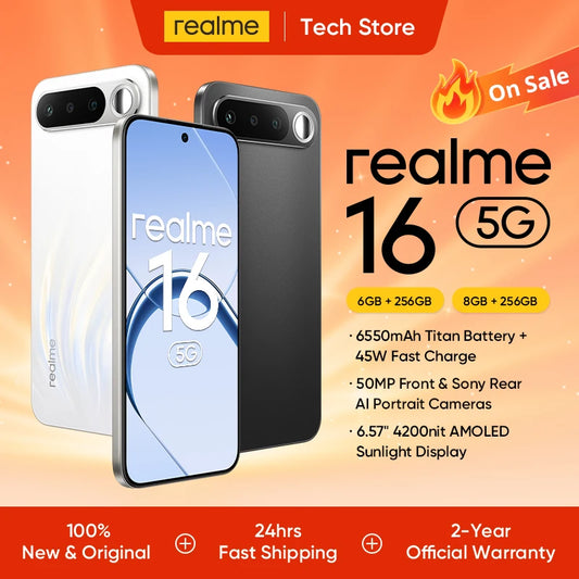 realme 16 5G, 45 W fast charging, flat AMOLED screen, 50 MP, 6550 mAh, fast charging, IP69