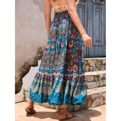 Women's Casual Temperament Skirt Women's Fashionable Bohemian Printed Elastic Waist Temperament Skirt Big Sway Temperament Skirt