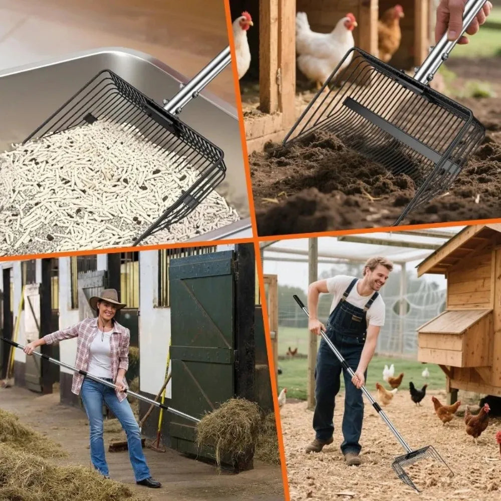 Portable Heavy-Duty 3-in-1 Chicken Manure Shovel with Adjustable Long Handle - Durable Metal Scoop for Easy Screening of Pine Shavings and Coop Cleaning, Coop Cleaning Tool | Adjustable Handle Shovel, Chicken Coop Supplies