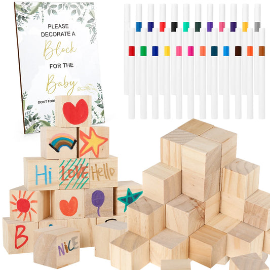 50Pcs DIY Wood Blocks Unfinished Blank Mini Square Blocks with Color Paint Pen and Decorative Signs for DIY Puzzle  Craft Cubes