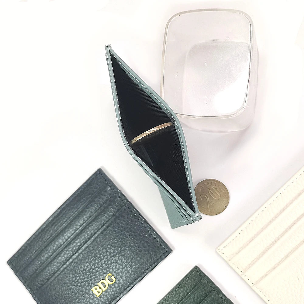 Custom Company Logo Cowhide Card Holder Woman Man Fashion Slim Mini Card Bag Genuine Leather Engrave Name Luxury Casual Purse
