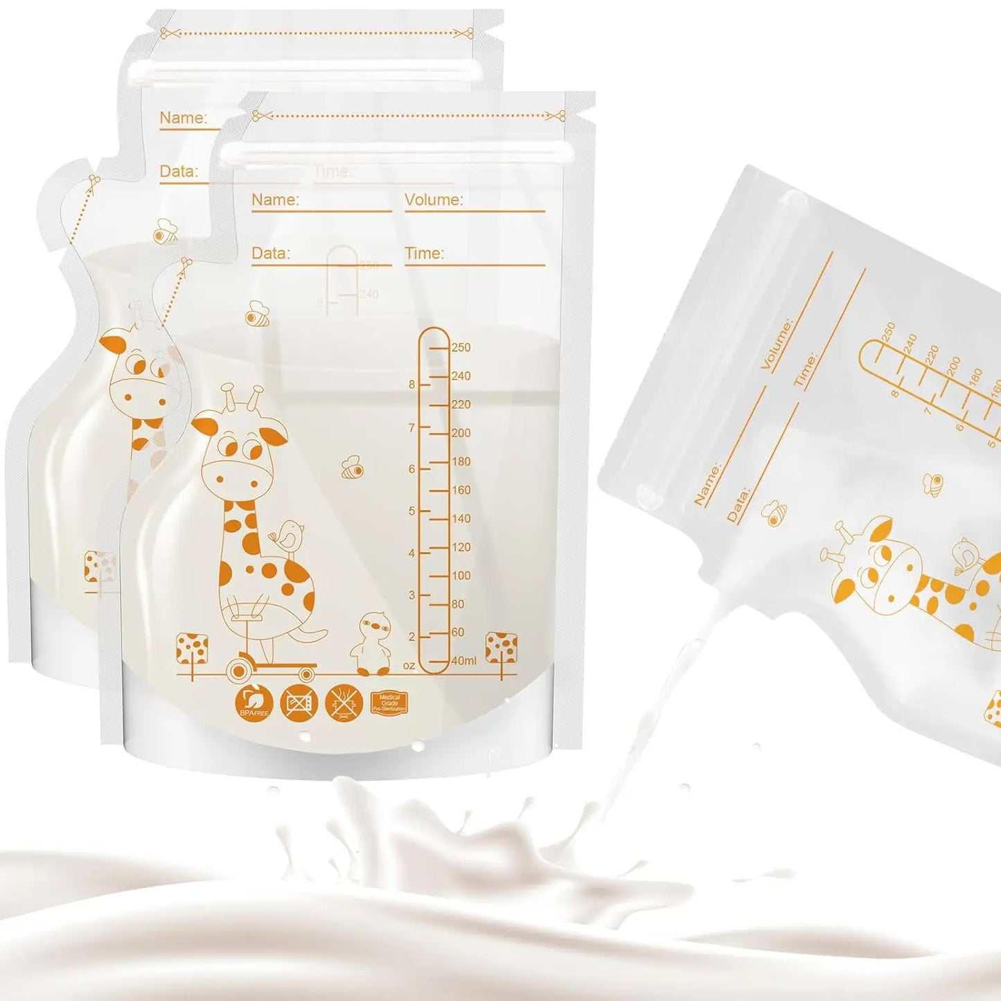 100 or 50 Pack  Disposable Breastmilk Storage Bags  250ml Capacity  Hospital-Grade, Self-Standing, Easy Pour Spout