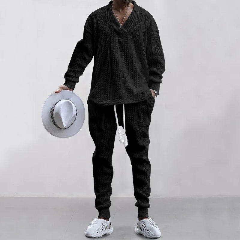 2025 Cross-border New Men's Casual Trousers V-Neck Versatile Jacquard Knitted Sweater Set