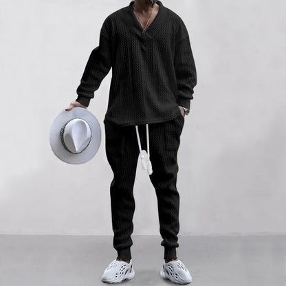 2025 Cross-border New Men's Casual Trousers V-Neck Versatile Jacquard Knitted Sweater Set