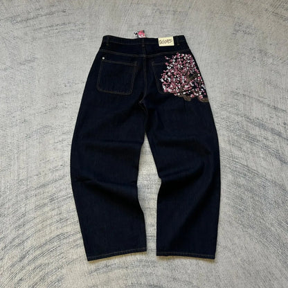 Hip-hop gold coin jeans Y2K retro low waist wide leg zipper pants y2k clothing men's fashion embroidered loose jeans
