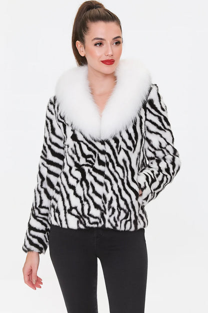 Women Real Rabbit Fur Coat High Collar Winter Jacket Make of One Rabbit Fur Cross Mink Pattern