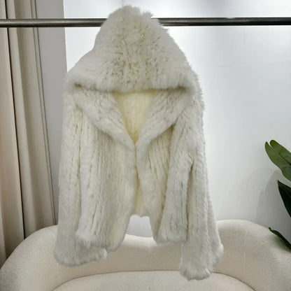 2024 Short Rabbit Fur Coat for Women Autumn Winter New Encrypted Thickened Handmade Double-sided Woven Hooded Korean Style
