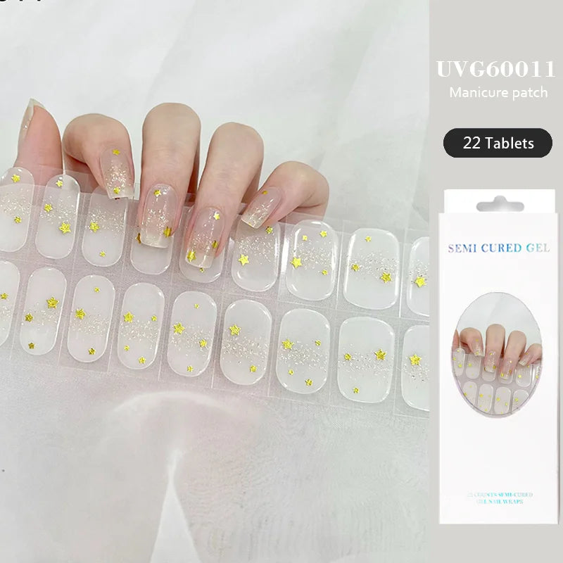 16/22 Tips Semi Cured Gel Nail Stickers for UV Lamp Designer Adhesive Nail Gel Wraps DIY Long-lasting  Nail Decoration