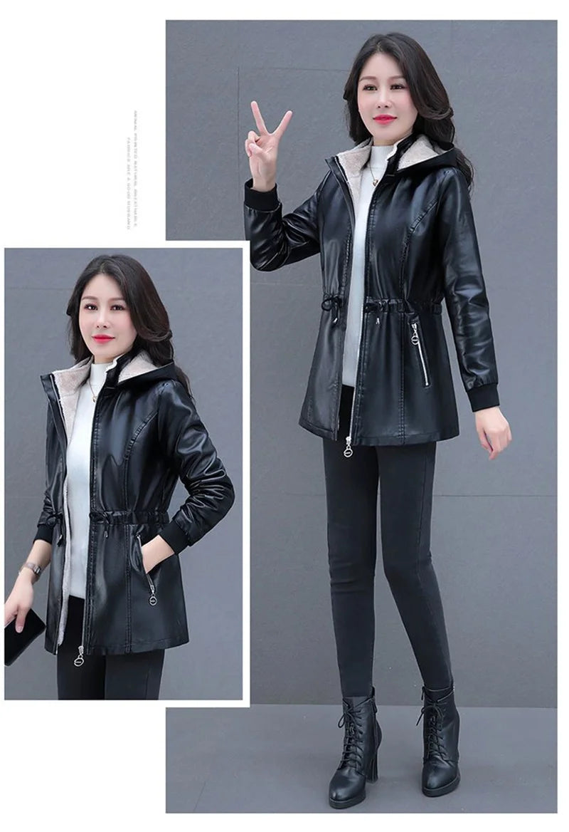 Winter Coat New Fashion Soft Leather Clothes Women's Long Sheep Leather Jacket Plus Velvet Padded Warm Coat