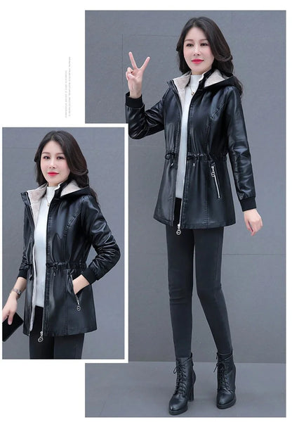 Winter Coat New Fashion Soft Leather Clothes Women's Long Sheep Leather Jacket Plus Velvet Padded Warm Coat