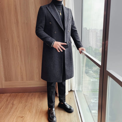 Autumn Winter Vintage Men's Woolen Long Coat Fashion Lapel High Quality Double Breasted Formal Men Slim Fit WindBreaker Overcoat