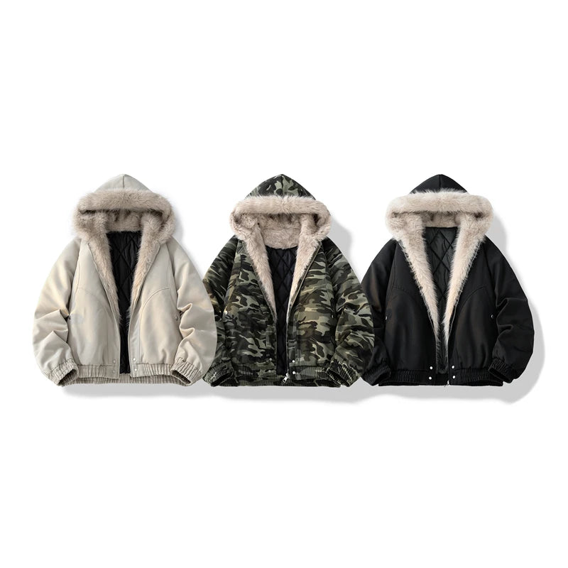 Camouflage Thick Parkas Winter New High Quality Men's Solid Color Wool Collar Anti Cold Parkas Comfortable Men's Cotton Jacket