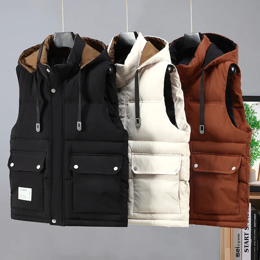 2024 Autumn Winter Men Thicken Cotton Waistcoat Sleeveless Vests Jackets Warm Detachable Hat Outerwear Male Zipper Hooded Coats