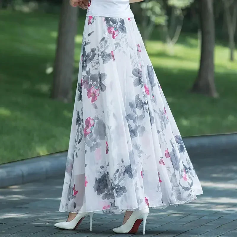 PTKPCC New Chiffon Floral Maxi Summer Skirt Women Long High Waist Holiday Dance Skirt Elegant Beach Boho Hot Sale  Skirts