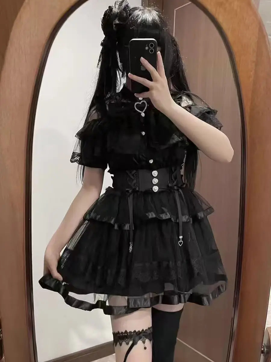 Japanese Sweet Lolita Style Mini Skirt Women Retro Elegant Lace Bandage Party Cake Skirts Female Gothic Y2k Metal Buckle Skirts