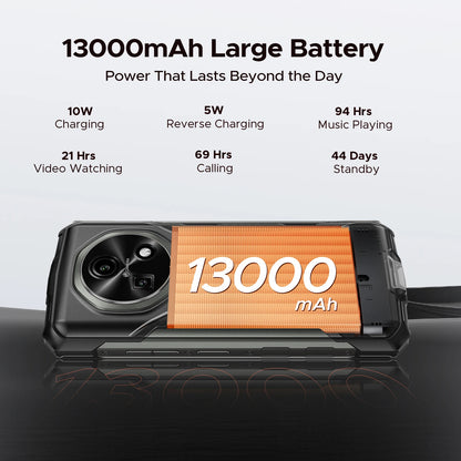 DOOGEE Fire 5 Rugged Phone 13000mAh Large Battery 6.6'' HD+ Display 12GB RAM (3GB+9GB) 64GB ROM Android 15 NFC Smartphone
