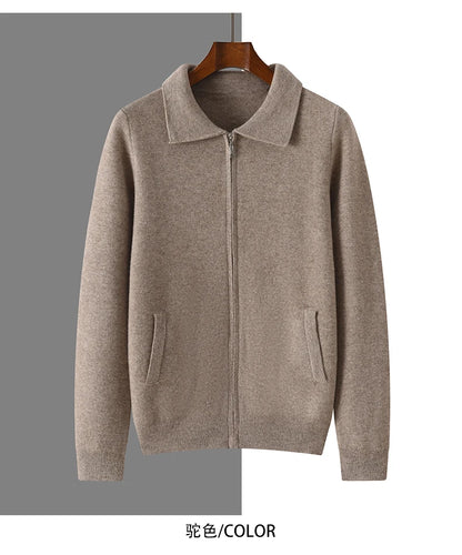 Men's 100% Merino Wool Thickened Sweater Polo Collar Business Zippered Cardigan Autumn Winter New Cashmere Jacket Knitted Top