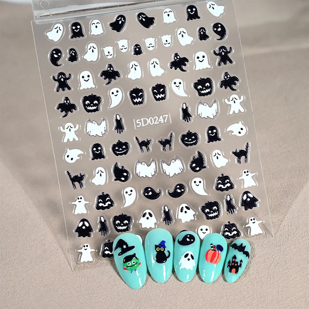 1sheet 5D Halloween Nail Stickers Pink/Green/Black Cartoon Pattern Nail Art Slider DIY For Sweet Cool Girl Cute Nail Decoration