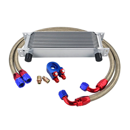 Universal 13 Rows Oil Cooler Kit + Oil Filter Sandwich Adapter + Nylon Stainless Steel Braided An10 Hose W/ PQY Sticker+Box