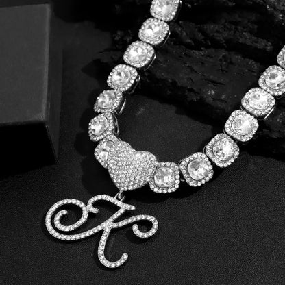 Hip Hop Bling Crystal Cursive Letter Initial Pendant Necklace Women Iced Out Cuban Choker Square Tennis Chain Necklace Jewelry
