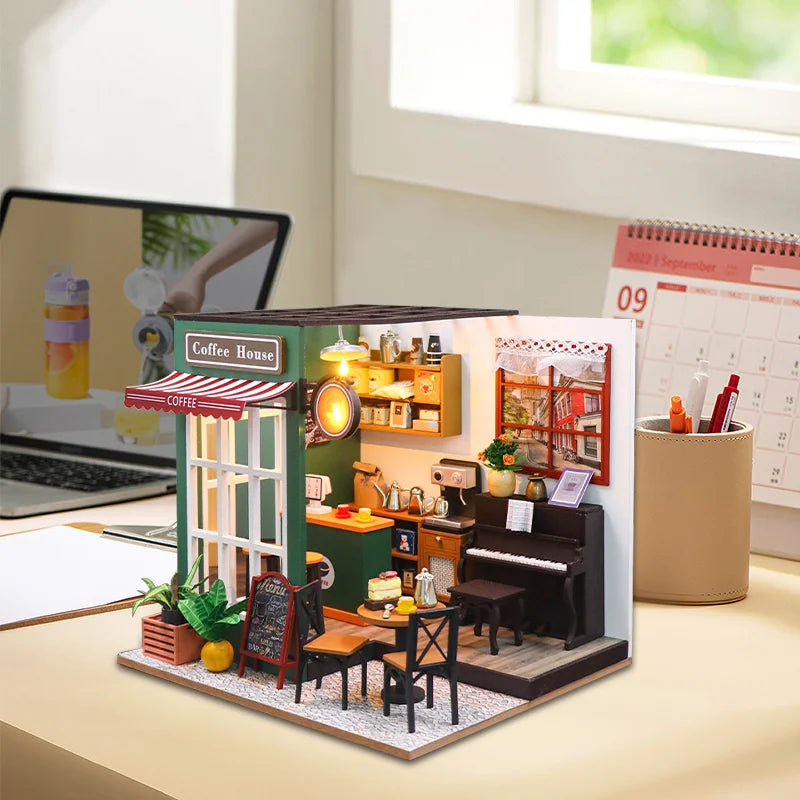DIY 3D Puzzles Wooden Toy Miniature Dollhouse Handmade Doll House Model Building Kits Coffee House Toys For Xmas Gifts