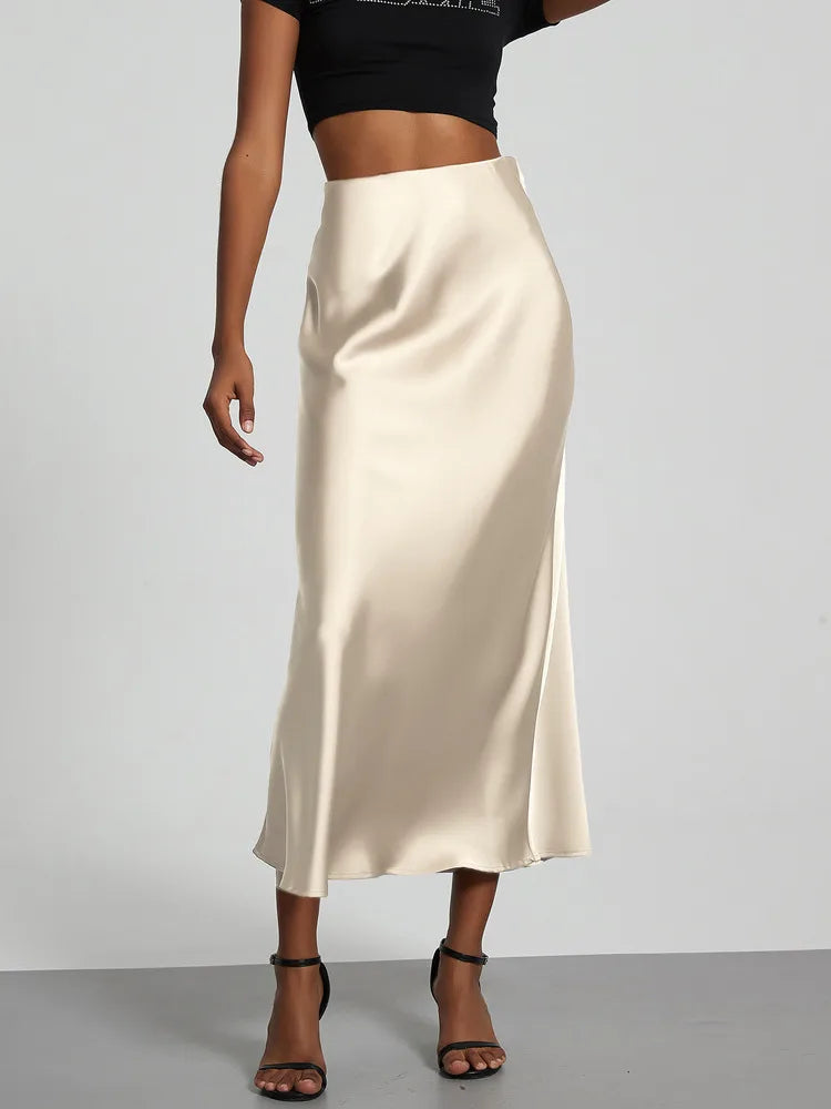 21 Colors New 2026 Women's Elegant High Waist Satin Long Skirts Female Summer Solid Color Faldas