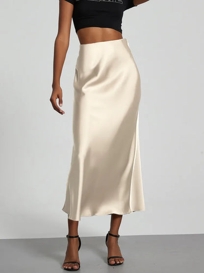 21 Colors New 2026 Women's Elegant High Waist Satin Long Skirts Female Summer Solid Color Faldas