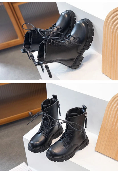 Girls Fashion Boots Black Warm Motorcycle Boots Autumn Winter Kids Ankle Boots Double Zipper Anti-skid Children Rubber Boots New