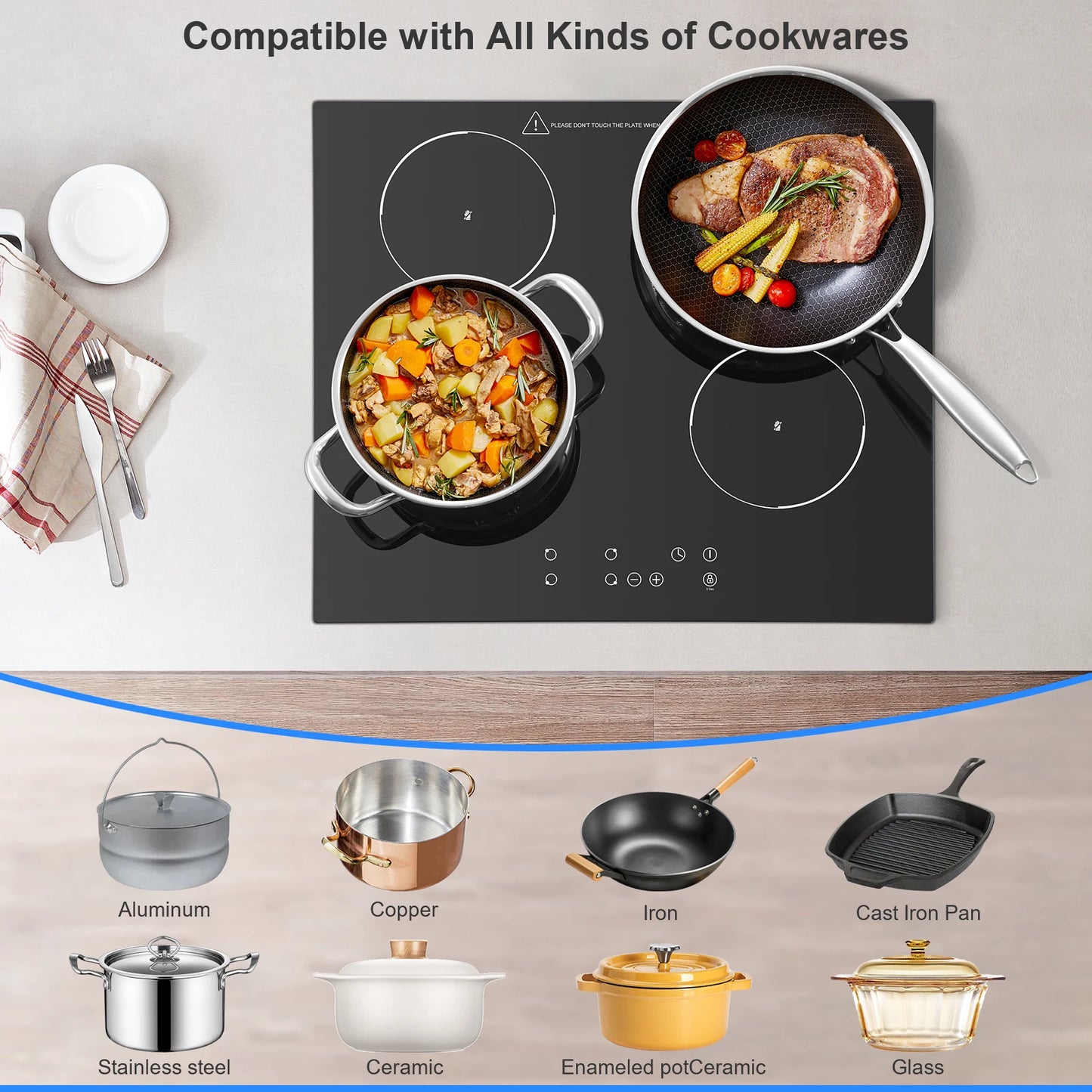 KICHPOWER 60 cm glass 4 plates Touch control, 9 power levels ceramic hob