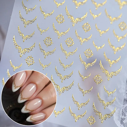 3D Gold Stamping V-Shaped French Tips Nail Art Stickers Retro Metal French Line Nail Decals Chrome Curved Strip Nail Decoration