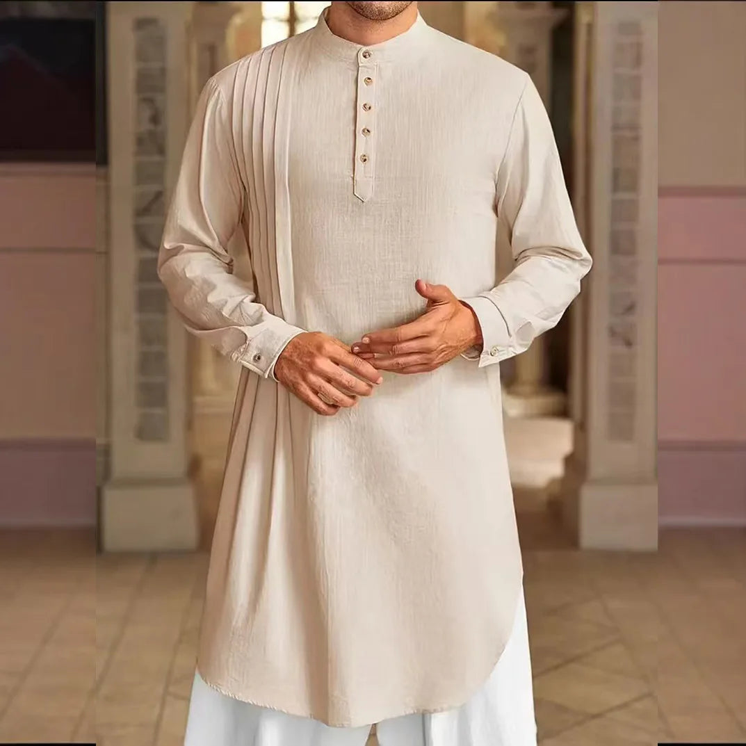 Men's Muslim Dress Long-sleeved Clothing 100% Cotton Pullover Kaftan Robe Men Jubba Thobe Pakistan Saudi Arab Caftan Islamic Top