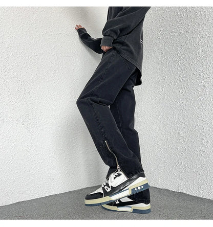 2024 Spring Autumn Korean Men Fashionable Retro Street Jeans Zip Design on Trouser Legs Straight-leg Denim Pants Men's Clothing