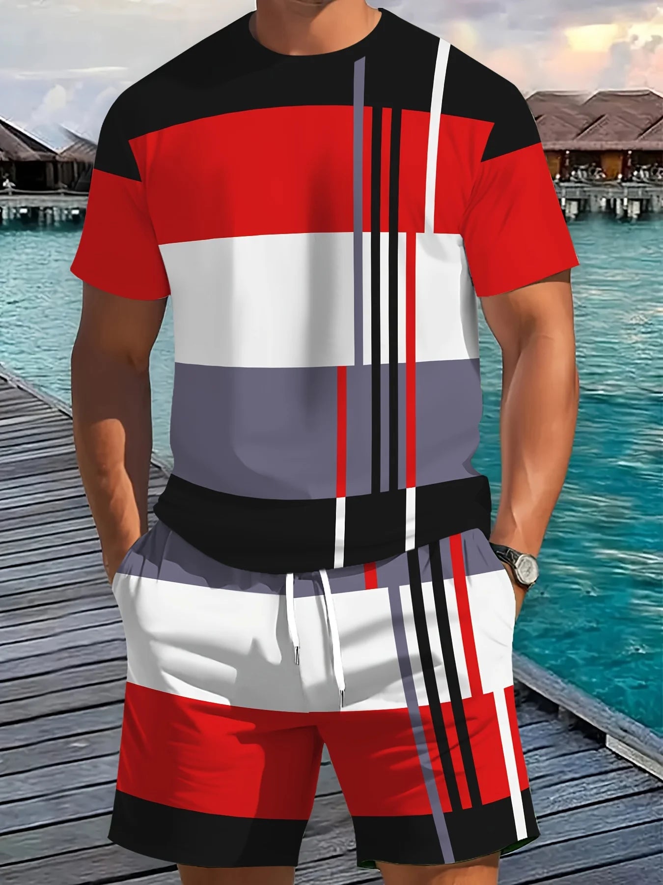 2026 Summer New Arrival Men's Casual Two-Piece Set Striped Print Short-Sleeve Shirt and Athletic Shorts Set Men's Fitness Set