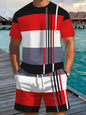 2026 Summer New Arrival Men's Casual Two-Piece Set Striped Print Short-Sleeve Shirt and Athletic Shorts Set Men's Fitness Set