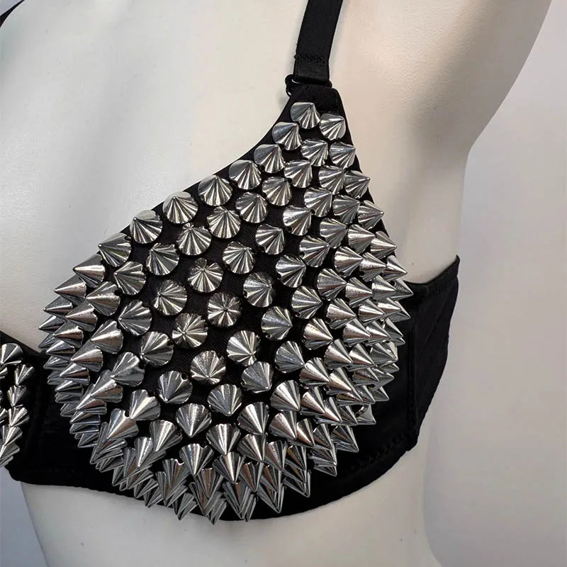 Sexy Rivets Punk Lingerie Underwear,Fashion Metallic Flash Rivet Bra with Wire Free for Women,Nightclub Party Bar Hot Bras