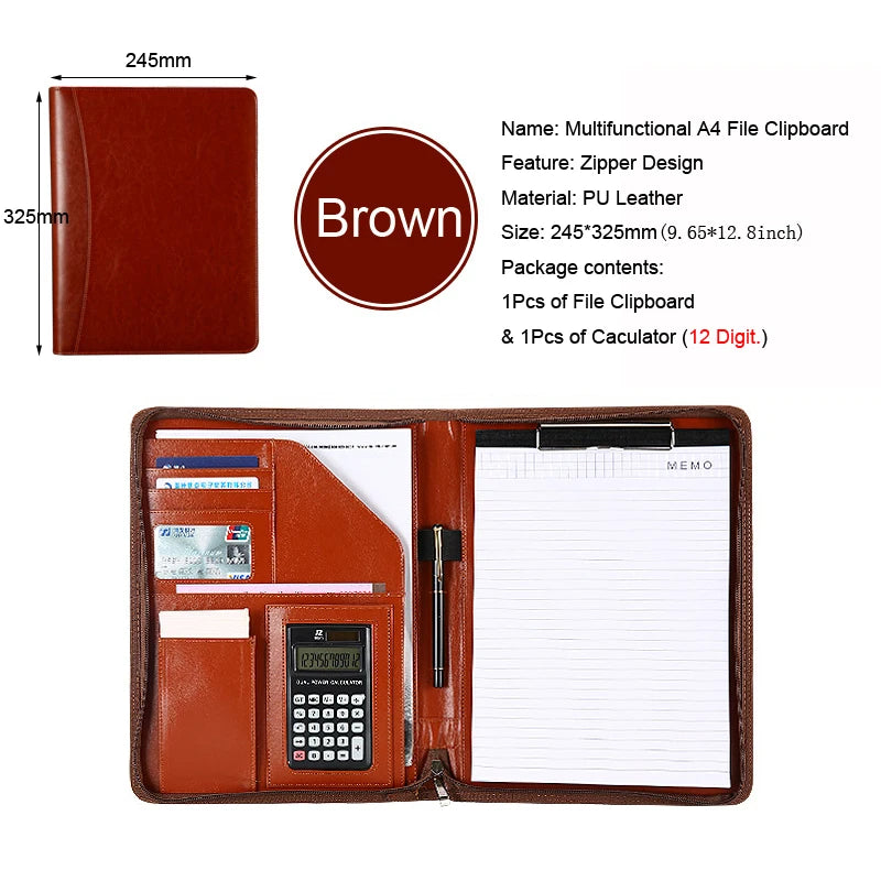 Executive Business A4 Leather Portfolio Folder Clipboard for Zippered Desk Organizer Document Briefcase Calculator for Office