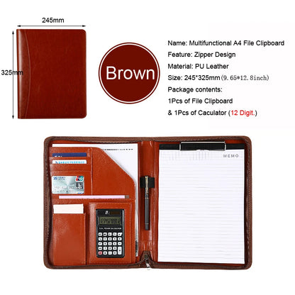 Executive Business A4 Leather Portfolio Folder Clipboard for Zippered Desk Organizer Document Briefcase Calculator for Office