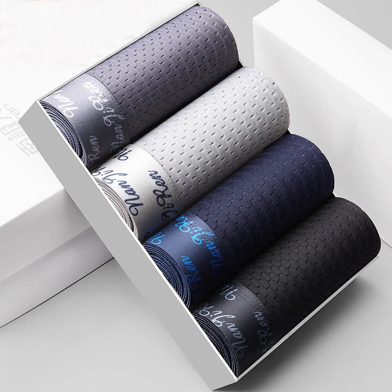4pcs Men's Boxer Shorts Ice Silk Underwear Plus Size Underpants Cool Breathable Sexy Slim Panties Mesh Lingerie Wholesale Lots