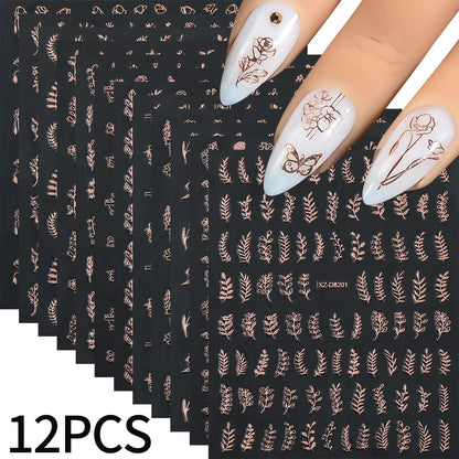 12pcs/set 3D Shiny Leaf Flower Nail Art Sticker Laer Gold Bronzing Leaves Nail Decals 8*10cm Self-Adhesive Nail Art Supplies e5#