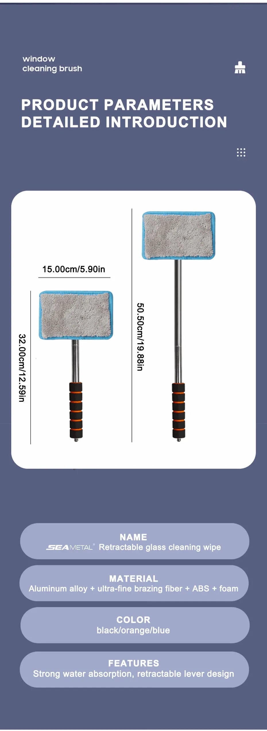 SEAMETAL Car Windshield Cleaning Brush Window Glass Clean Wiper Scalable Long Handle Scratch-Free Soft Wash Cloth Washing Tool
