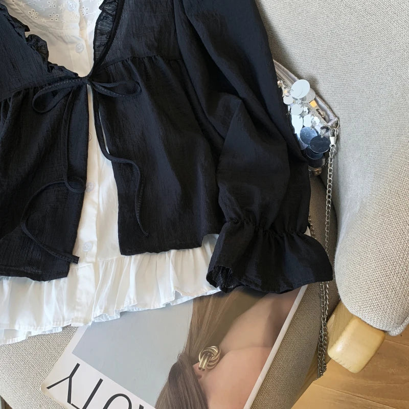 Korean Casual Sweet Fungus Lace Collar Women's Shirt Top Autumn New Women Fashion Fake Two-Piece Lace Up Long Sleeved Shirt