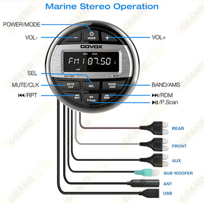 GRANDnavi Waterproof Bluetooth Marine Stereo Radio FM/AM Digital Media Audio Player for Boat Yacht ATV UTV Cart Motorcycle