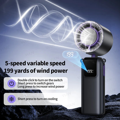 Ice Cooling Handheld Fan 199 Speeds Turbo Portable USB Desk Fan Foldable / Hangable for Outdoor Fast Chill Ice Compress