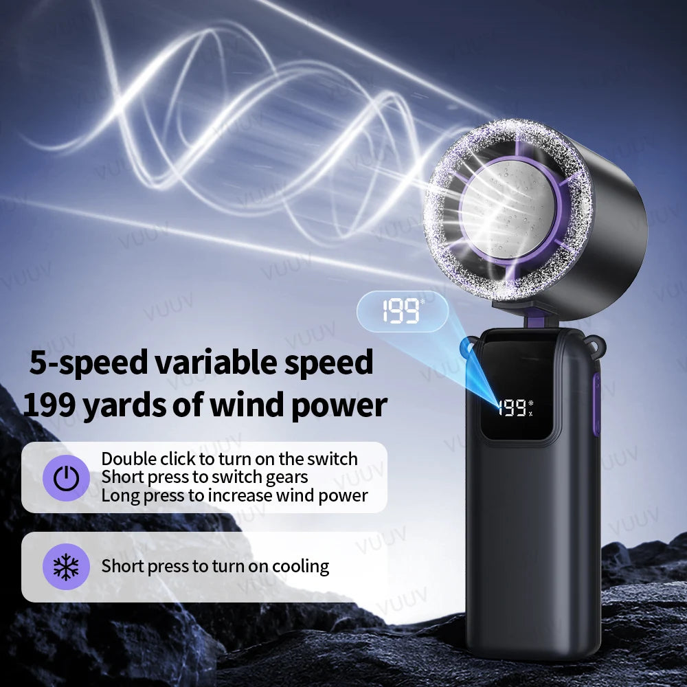 Ice Cooling Handheld Fan 199 Speeds Turbo Portable USB Desk Fan Foldable / Hangable for Outdoor Fast Chill Ice Compress