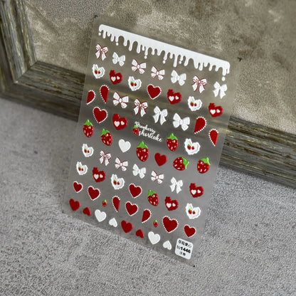 Lovely Red Fruit Strawberry Cherry Bowknot Love Heart Star Silk Ribbon 5D Nail Art Stickers Chic Self Adhesive Manicure Decal