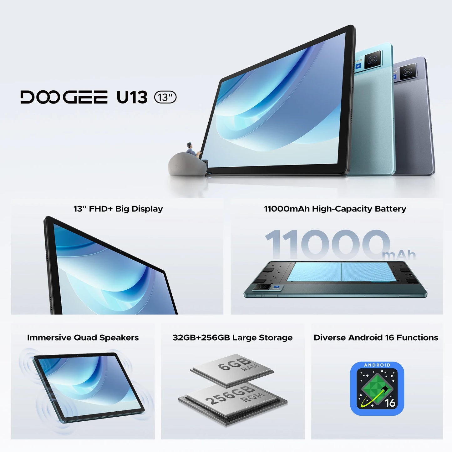 DOOGEE U13 2 IN 1 Tablet PC Android 16 13'' Display 32GB(6GB+36GB) 256GB 11000mAh Battery Quad Speakers UNISOC T7280 Widevine L1