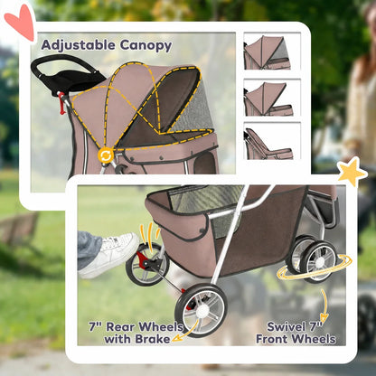 Dog Stroller Foldable Pet Stroller with Adjustable Canopy, Breathable Mesh Windows, Storage Basket, Cup Holder and Rear Brake, Lightweight Travel Carrier Pushchair for Small Dogs, Cats and Mini Breeds, Coffee